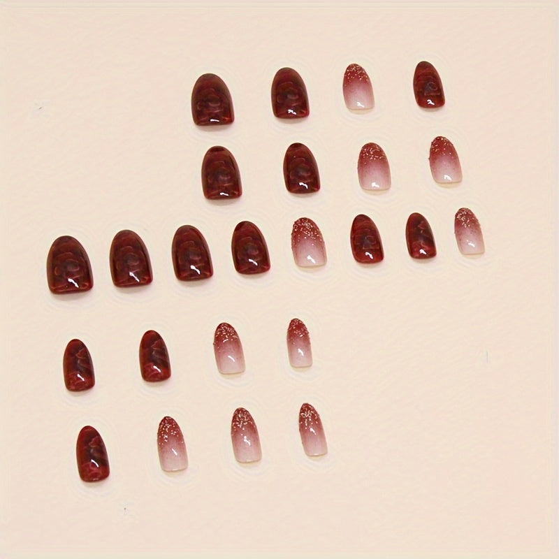 48pcs Safflower Fake Nails Red Gradient Nail Pressing, Flashing Medium-Long Almond Fake Nails, Elegant Fake Nails Girls Are Suitable As Fine Gifts for Each Other on Valentine'S Day.